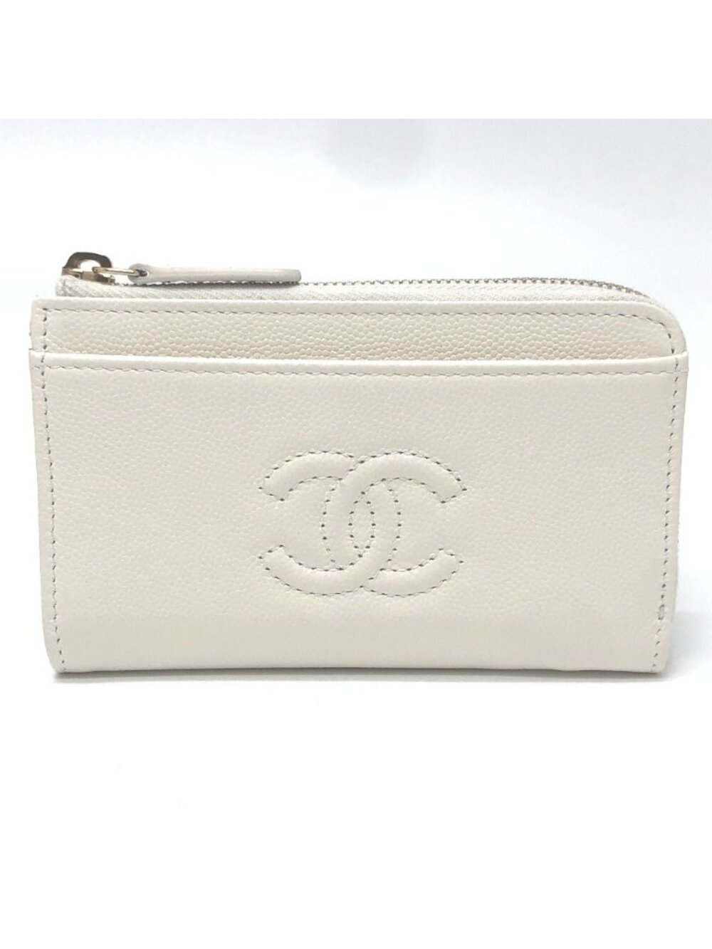 Chanel Card Case CC Logo Wallet Coin Purse Caviar Leather White